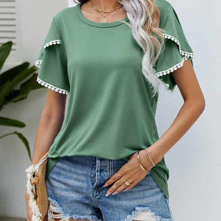Pom-Pom Trim Flutter Sleeve Round Neck Tee - Image 19