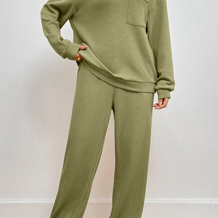 Pocketed Round Neck Top and Pants Lounge Set - Image 4