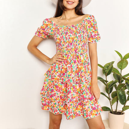 Devine Smocked Sweetheart Neck Flounce Sleeve Mini Dress - Image 1