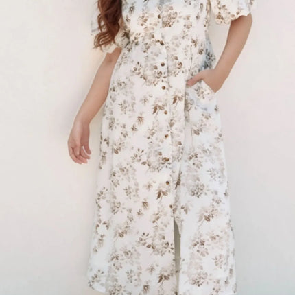 Printed Button Front Puff Sleeve Dress - Image 1