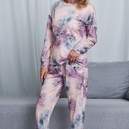Shiny Tie-Dye Crewneck Top and Drawstring Waist Joggers Lounge Set - Image 20