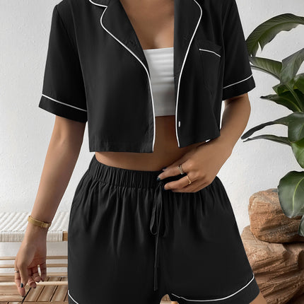 Ivy Lane Contrast Lapel Collar Cropped Shirt and Shorts Lounge Set - Image 8