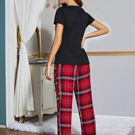 Heart Graphic V-Neck Top and Plaid Pants Lounge Set - Image 2