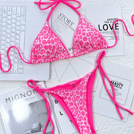 Leopard Print Halter Neck Tie Side Bikini Set - Image 2
