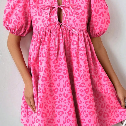 Leopard Tie Front Puff Sleeve Dress - Image 1