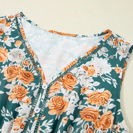 Floral Print Trimmed V Neck Tie Waist Sleeveless Dress - Image 9