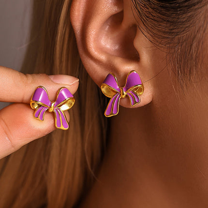 Stainless Steel Oil Drip Bow Stud Earrings - Image 2