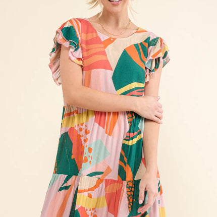 And The Why Printed Double Ruffle Sleeve Dress - Image 1