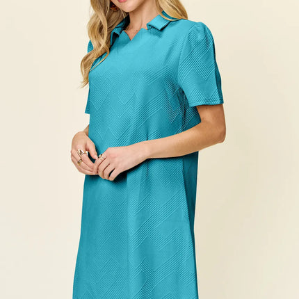 Double Take Full Size Texture Collared Neck Short Sleeve Dress - Image 25