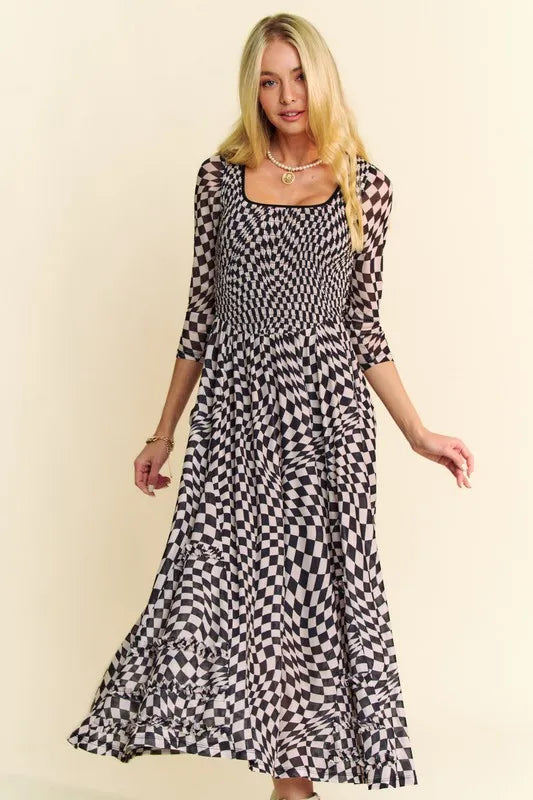 Davi & Dani Printed Checker Mesh Flowy Maxi Dress