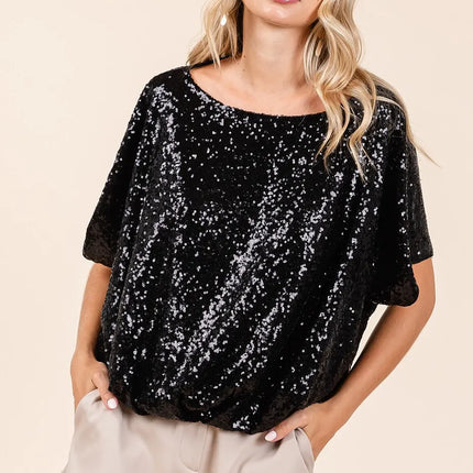 Mittoshop Sequin Short Sleeve Elastic Band Hem Top - Image 1