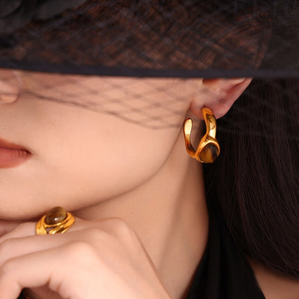 Stainless Steel Tigerite Ring and C-Hoop Earrings Set - Image 1