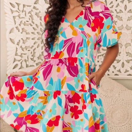 Floral Bubble Sleeve V Neck Tiered Ruffle Babydoll Dress - Image 2