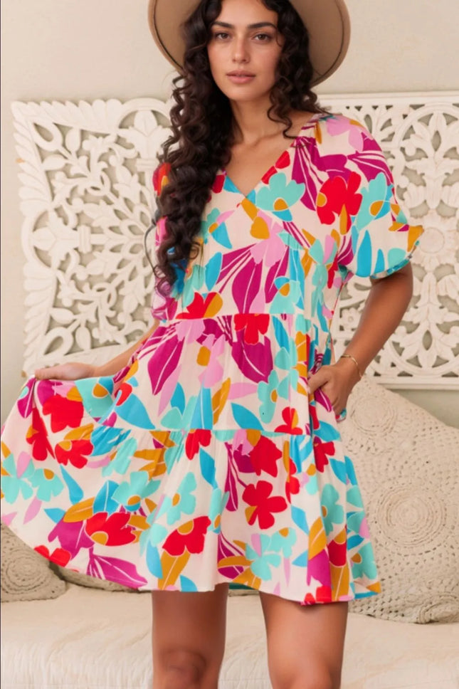 Floral Bubble Sleeve V Neck Tiered Ruffle Babydoll Dress