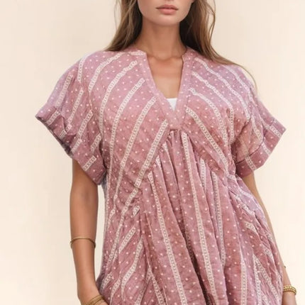 Davi & Dani Embroidery V Neck Short Sleeve Ruffled Mini Dress - Image 1