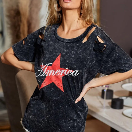 BiBi Laser Cut Mineral Washed Jersey Top with  America - Image 8