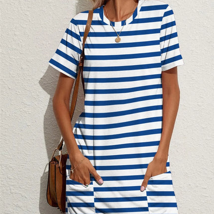 Contrast Striped Round Neck Short Sleeve Dress - Image 1