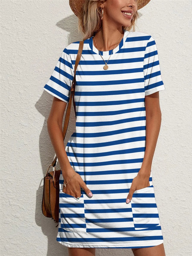 Contrast Striped Round Neck Short Sleeve Dress