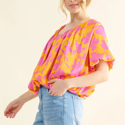 And The Why Full Size Printed Satin Bubble Hem Top - Image 3