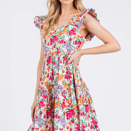 Mittoshop Flower Print Ruffle Shoulder A-line Mini Dress - Image 1