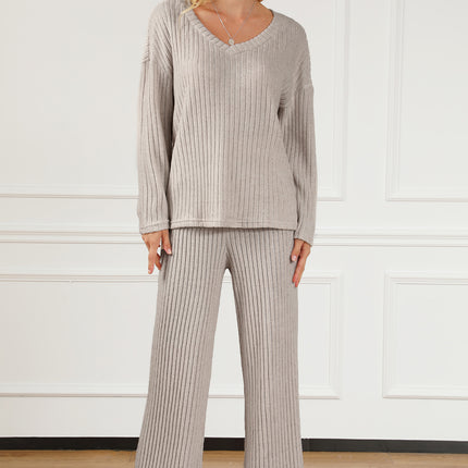 Ribbed V-Neck Top and Pants Lounge Set - Image 1
