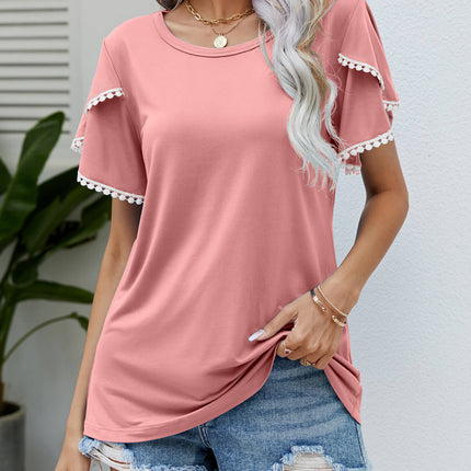 Pom-Pom Trim Flutter Sleeve Round Neck Tee - Image 14