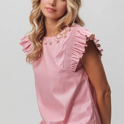 BiBi Leather Smocked Ruffled Top - Image 8