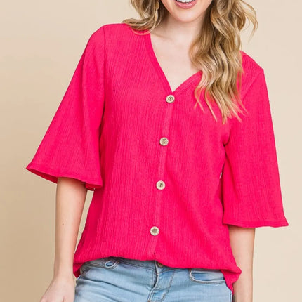 BOMBOM Texture Decorative Button V-Neck Top - Image 1
