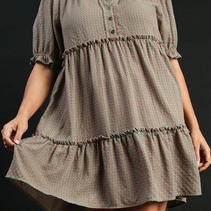 Umgee Full Size Plaid Frill Button Detail Ruffled Short Sleeve Dress Plus Size - Image 3