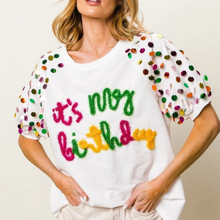 BiBi Metallic Letter Spangle Raglan Puff Sleeve Top - Image 2