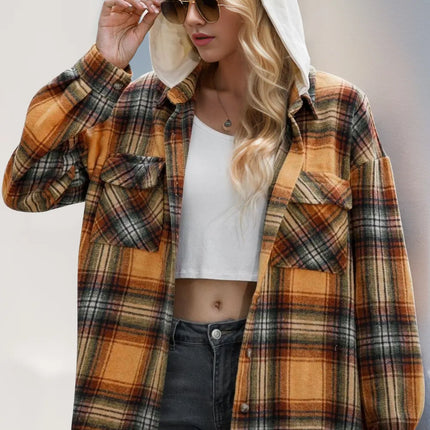 Double Take Drawstring Plaid Long Sleeve Hooded Shacket - Image 1