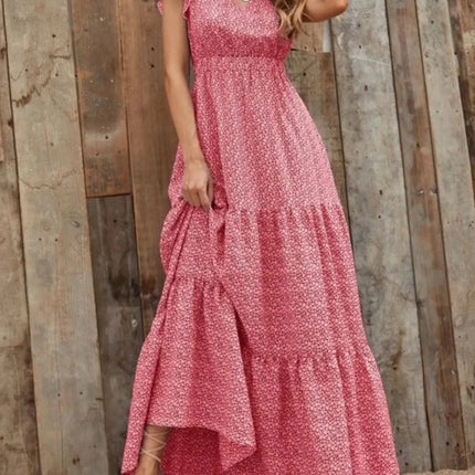 Printed V-Neck Ruffled Cap Sleeve Maxi Dress - Image 6