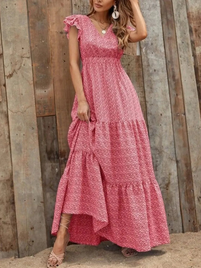 Printed V-Neck Ruffled Cap Sleeve Maxi Dress
