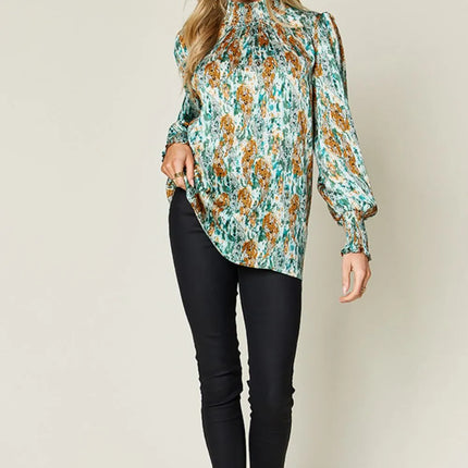 Double Take Full Size Printed Smocked Long Sleeve Blouse - Image 32
