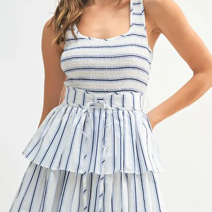 MABLE Pin Stripe Smocked Bodice Layered Midi Dress - Image 6