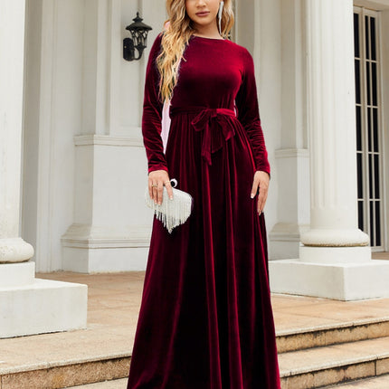 Tie Front Round Neck Long Sleeve Maxi Dress - Image 1