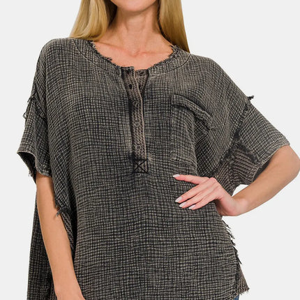 Zenana Washed Texture Half Button T-Shirt - Image 1