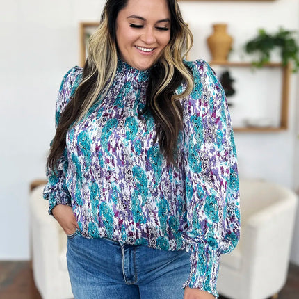 Double Take Full Size Printed Smocked Long Sleeve Blouse - Image 18