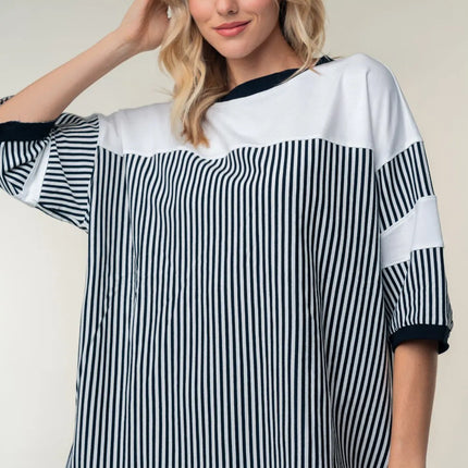 White Birch Full Size Striped Contrast Round Neck Top - Image 1