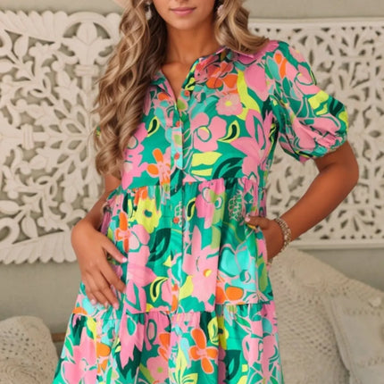 Button Down Floral Puff Sleeve Babydoll Dress - Image 7