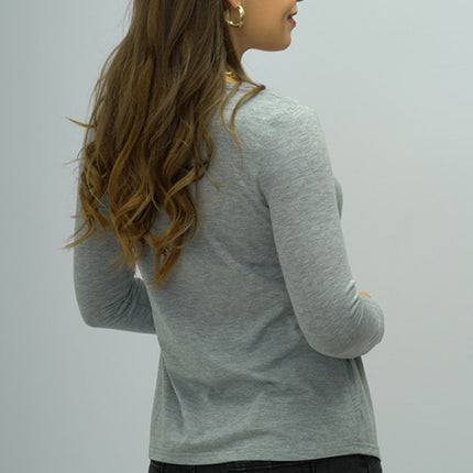 Shiny Buttoned Long Sleeve Round Neck Tee - Image 2