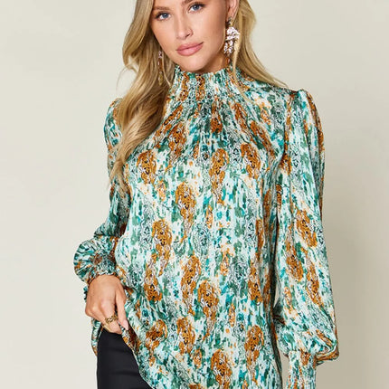 Double Take Full Size Printed Smocked Long Sleeve Blouse - Image 27