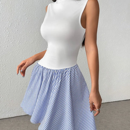 Striped Mock Neck Sleeveless Mini Tank Dress - Image 1