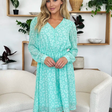 Double Take Full Size Printed Ruched V-Neck Long Sleeve Dress - Image 17