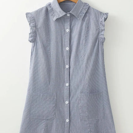Stripe Frilled Ruffled Cap Sleeve Button Up Mini Dress - Image 6