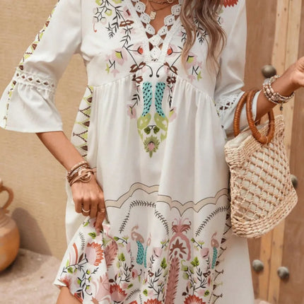 Lace Detail Printed Three-Quarter Sleeve Dress - Image 1