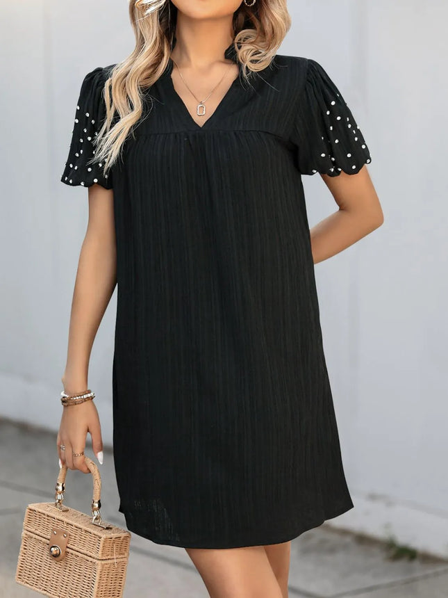 Textured V-Neck Short Sleeve Mini Dress