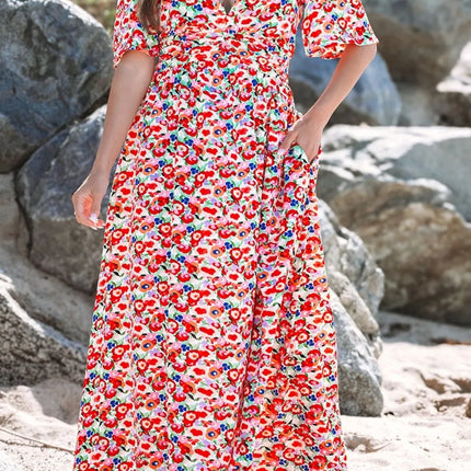 Floral Half Sleeve Deep V Neck Cutout Back Maxi Dress - Image 1