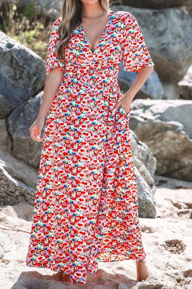 Floral Half Sleeve Deep V Neck Cutout Back Maxi Dress