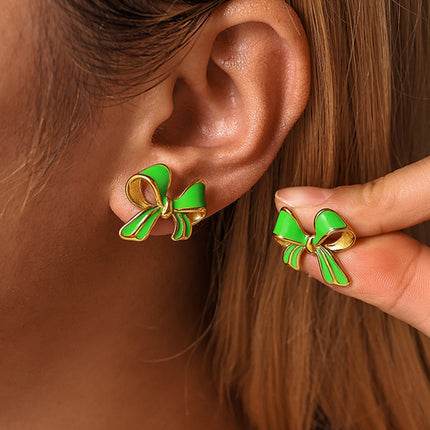 Stainless Steel Oil Drip Bow Stud Earrings - Image 3